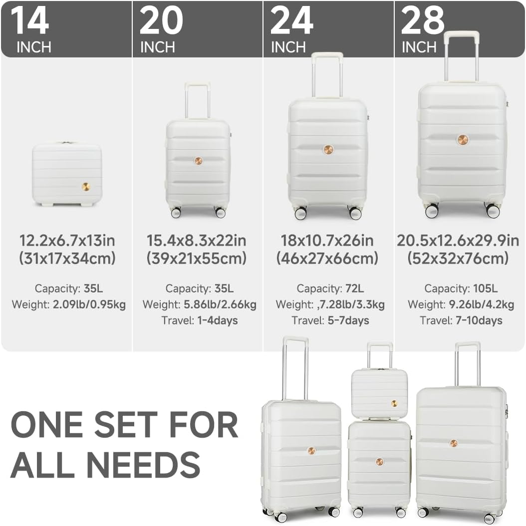 Somago Luggage Sets and Packing Cube Travel Set Lightweight Hardside Polypropylene Suitcases with Double Spinner Wheels and TSA Lock,Creamy White