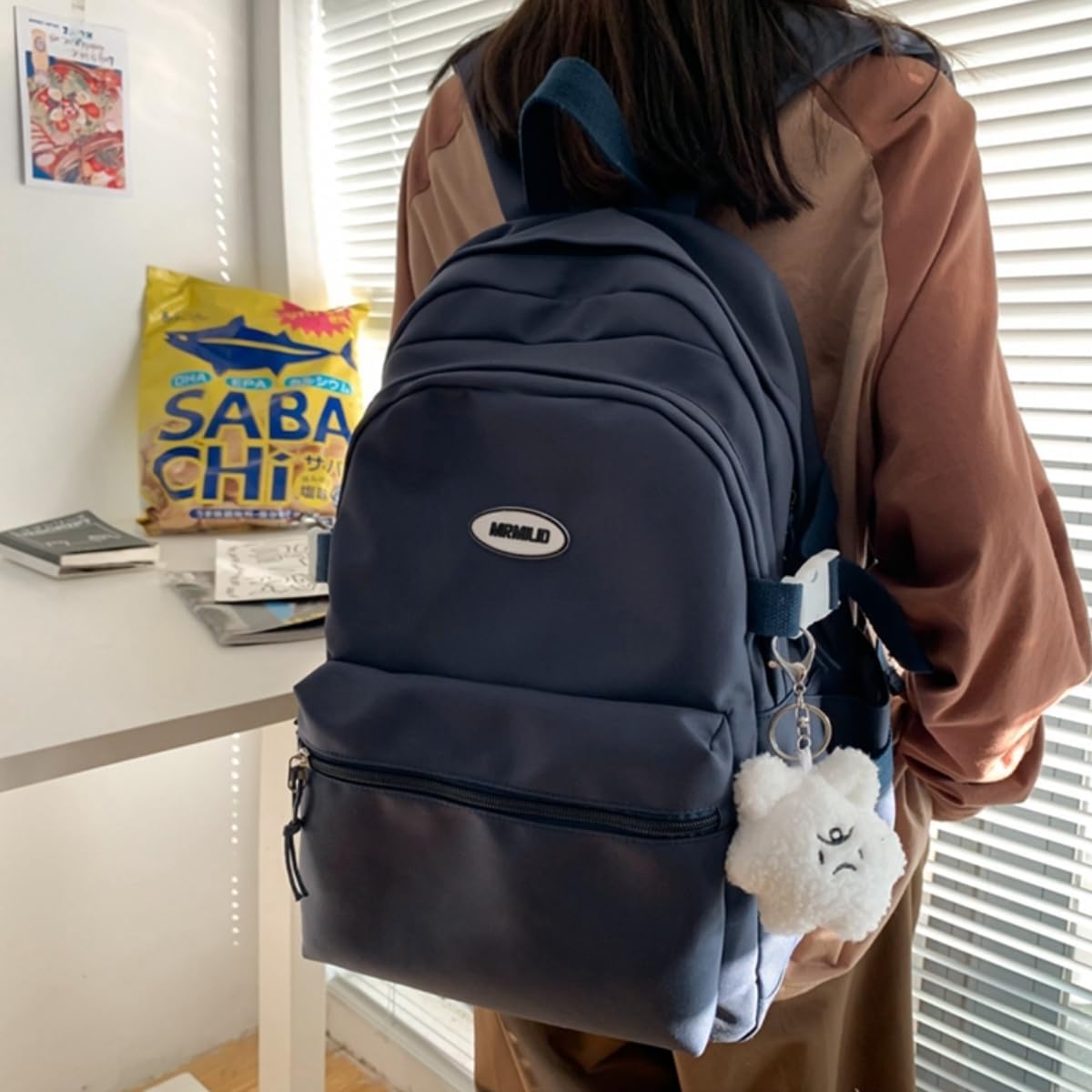 Kawaii Backpack with Cute Accessories Casual Aesthetic Daypack Simple Laptop Bag Waterproof Travel Rucksack for Women (dark blue)