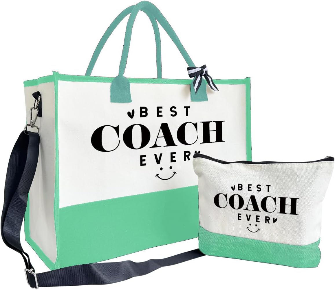 SUSZDOU Gifts for Best Coach Ever - Canvas Beach Tote Bag with Matching Makeup Pouch, Durable Travel Gym Camping Bag, Thank You Gift for Sports Coach, Female Trainers Gifts for Women H1