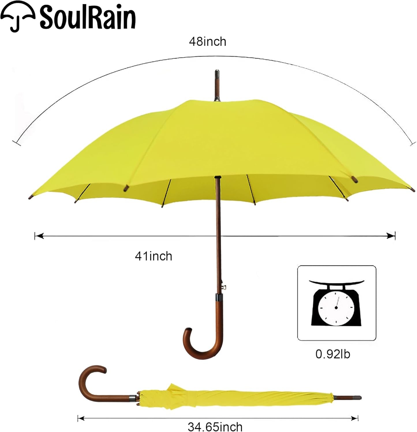 SoulRain 48" Large Umbrella –Windproof Stick Umbrellas for Rain, Automatic Open, Vintage Cane Yellow Umbrella with Classic Wooden Handle & Shaft,Open for 2 Persons for Women & Men(Yellow)