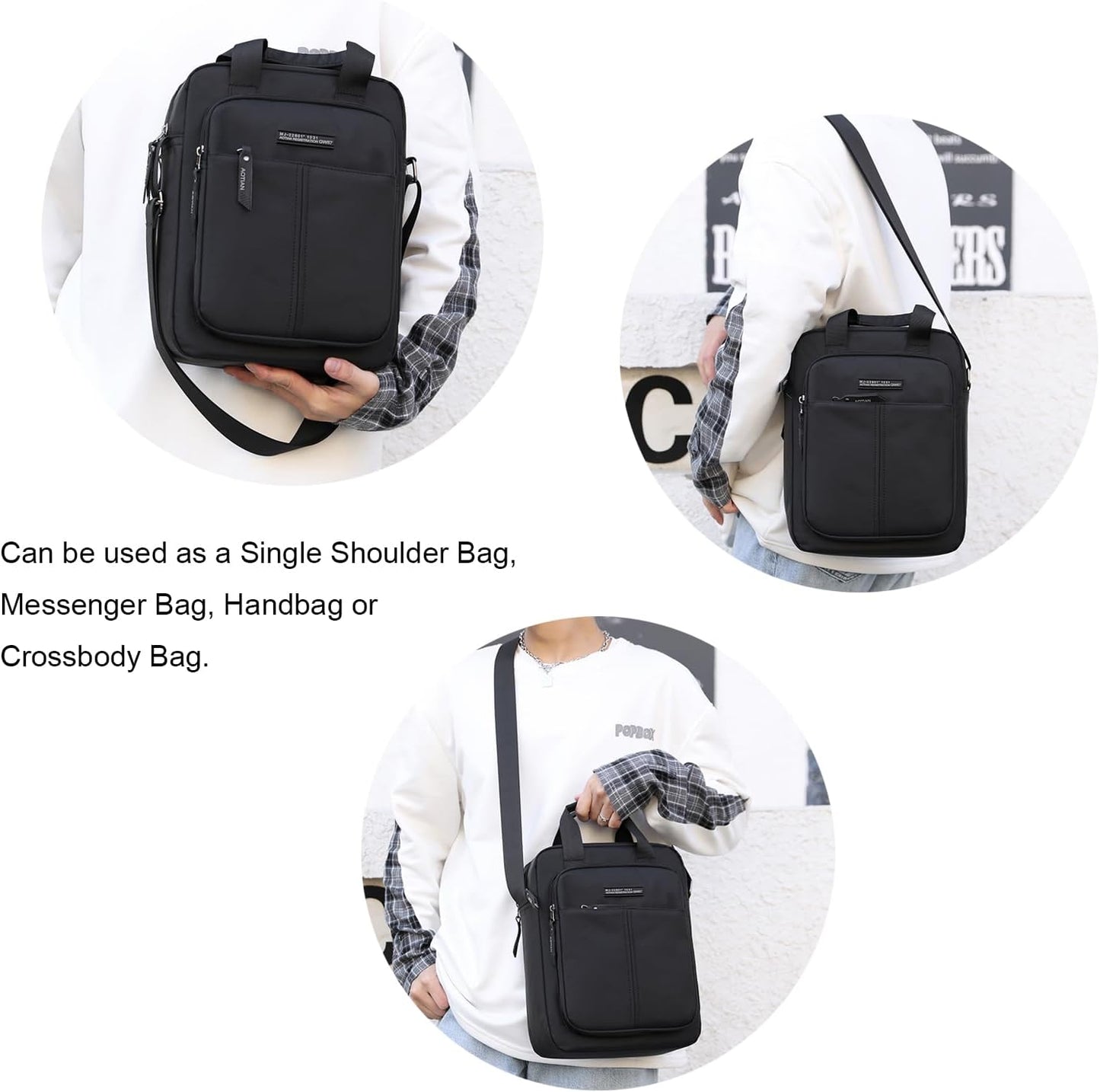 Men's Shoulder Bag Nylon Crossbody Bag Waterproof Casual Black Messenger Bag for Work Travel, Black