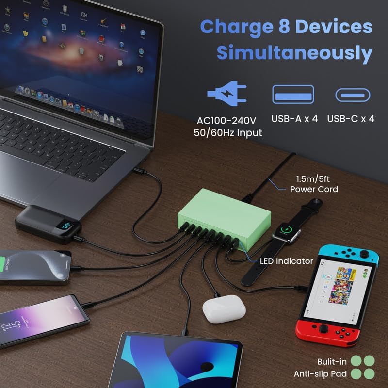 200W USB C Charger Block, 8-in-1 GaN III USB C Charger Fast Charging Station Hub, PD 65W Laptop Charging Adapter for MacBook Pro/Air/Dell XPS/iPhone 16/15/14/iPad/Galaxy S24 (Green)