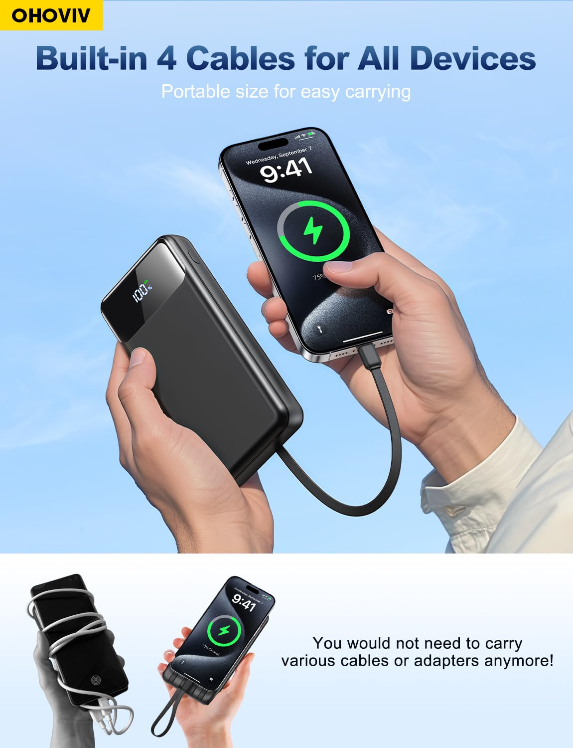 OHOVIV Portable Charger Power Bank 50000mAh,4 Built-in Cables Battery Pack