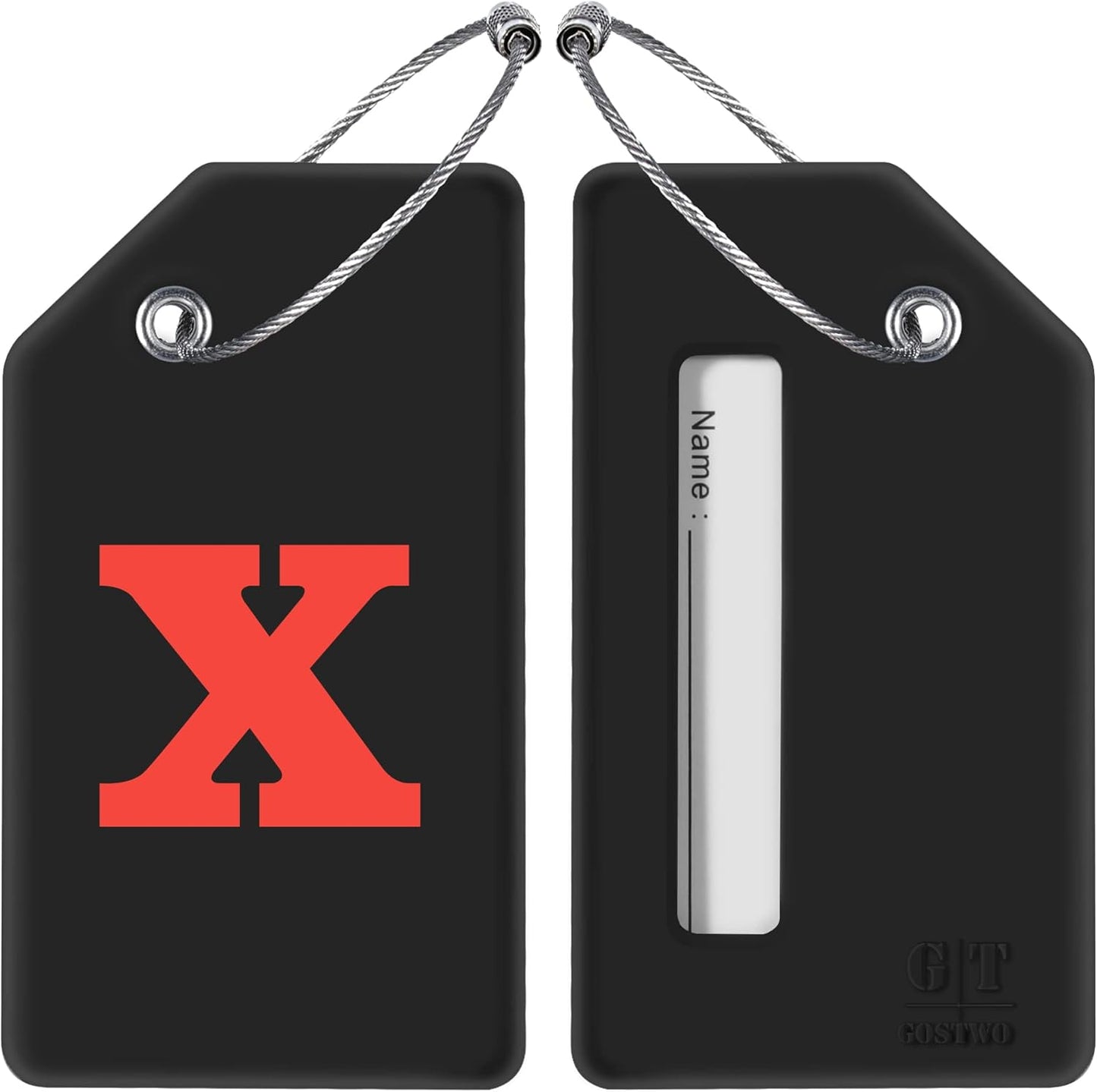 Gostwo 2 Pack Silicone Luggage Tags for Suitcases, 26 Initial Letter Baggage Labels Handbag School Bag Suitcase Instrument Tag with Stainless Steel Loop(Black)(Letter X)