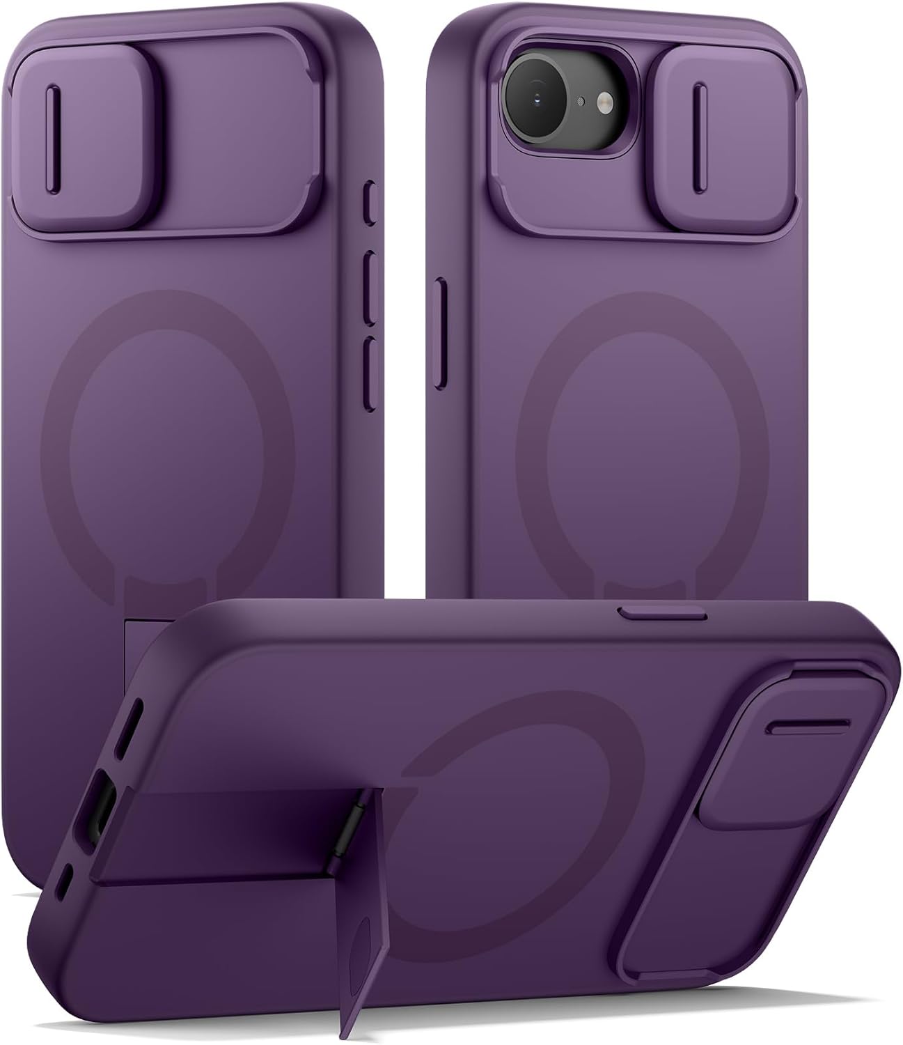 SURITCH for iPhone 16e Case with Magnetic Camera Slide Cover and Adjustable Kickstand, Compatible with MagSafe, Shockproof Bumper Case Slim Protective Cover 6.1 Inch,Dark Purple