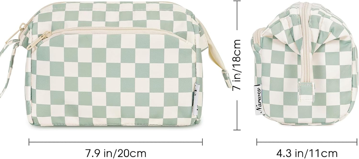 Narwey Checkered Makeup Bag Women Wide-open Make up Bag Travel Cosmetic Bag Organizer Toiletry Bag for Cosmetics Toiletries Accessories (Mint Green Checkerboard)