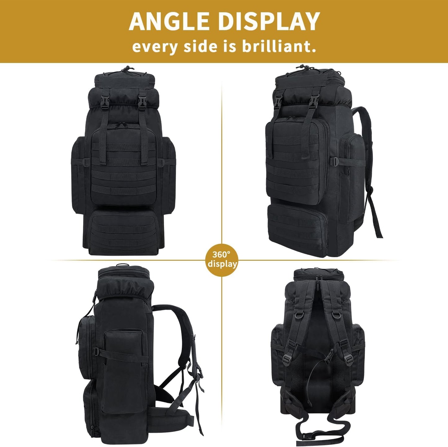 80L Hiking Backpack Men Camping Backpack, Waterproof MOLLE Military Tactical Rucksack, Large Capacity Assault Pack for Outdoor Survival, Trekking, Travel (Black)