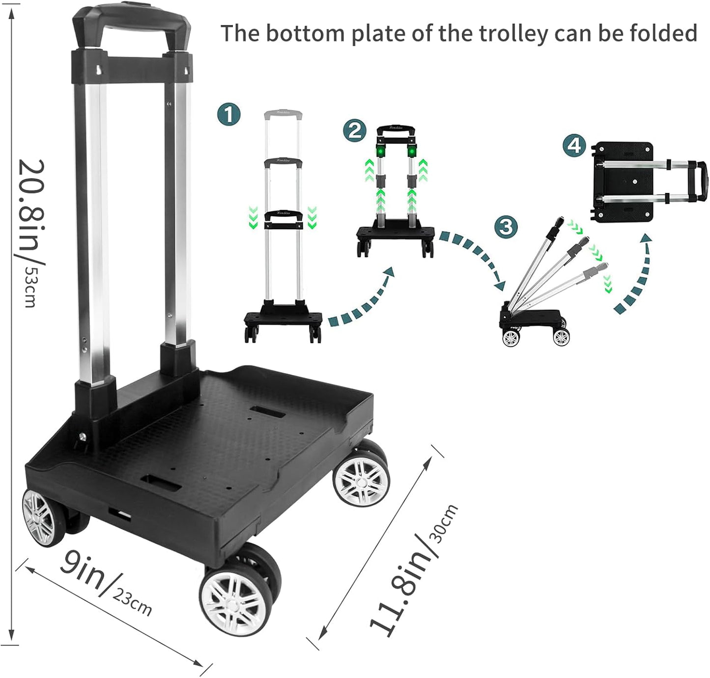Backpack Trolley Wheeled Cart, Foldable Aluminium Alloy Hand Truck with Edge Guard Base, 4 Spinner Wheels, Luggage Cart with Luggage Strap for Teenagers, Adults, School,Luggage Trolley for Travel