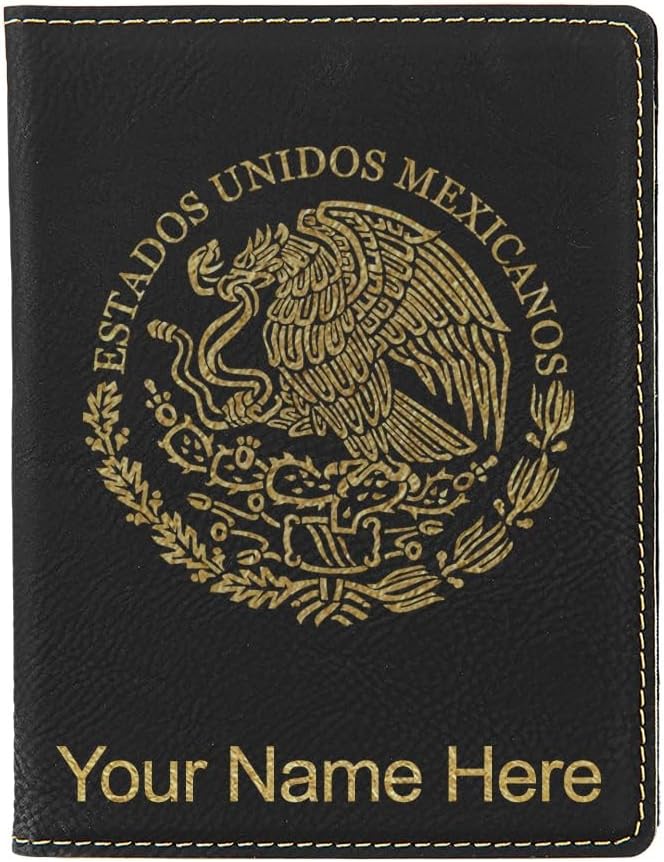 LaserGram Faux Leather Passport Holder, Flag of Mexico, Personalized Engraving Included (Black with Gold)