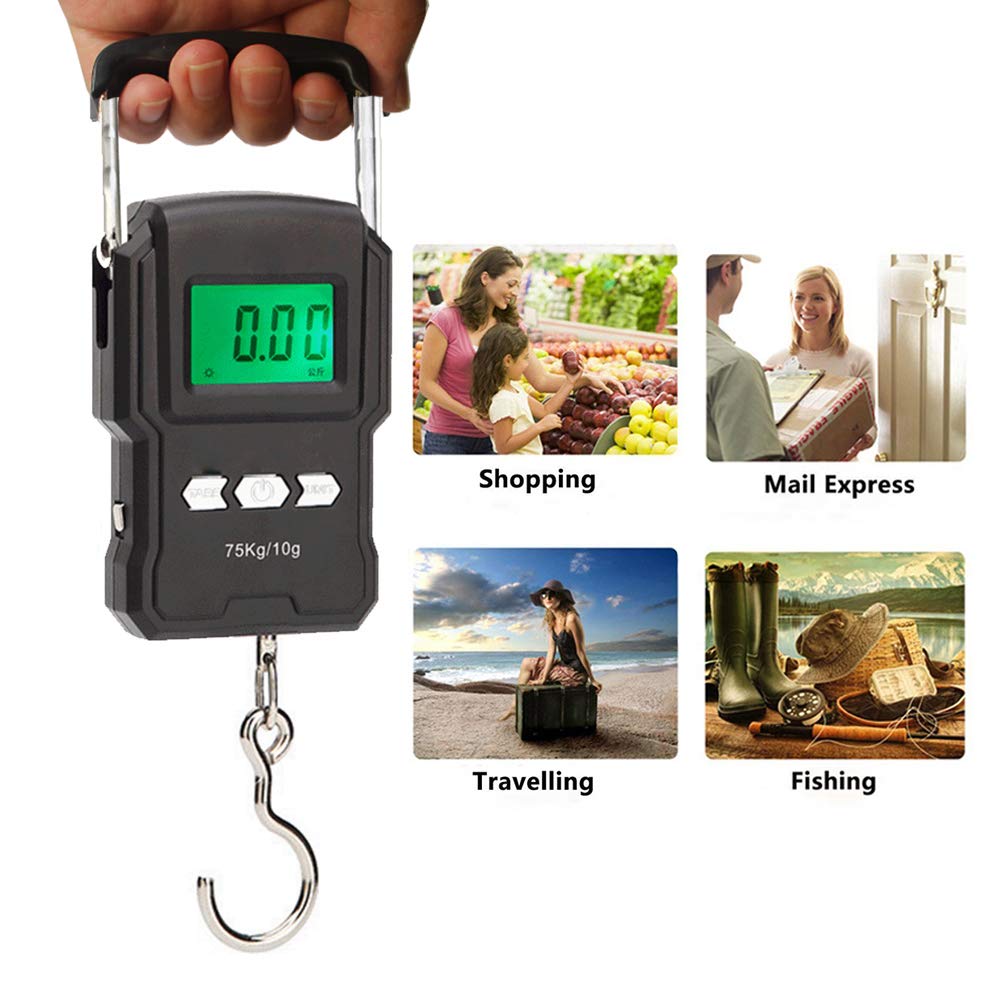 Portable Electronic Hook Scale Digital Hanging Bag Luggage Weight Scale Fishing Scale with Measuring Tape 165Lb Black