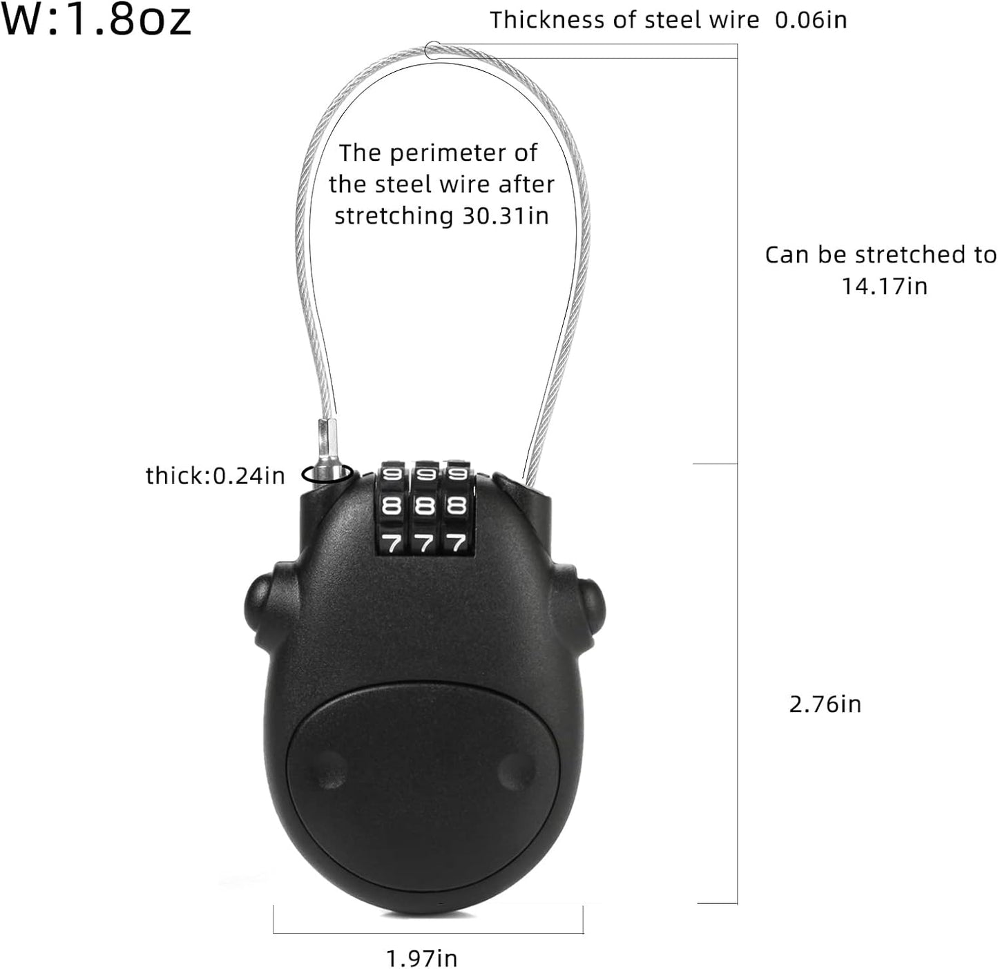 Luggage Locks - Combination Lock, Black, 27" Circumference, 10,000 Code Options, Scratch Resistant, Lightweight, Portable, Secure