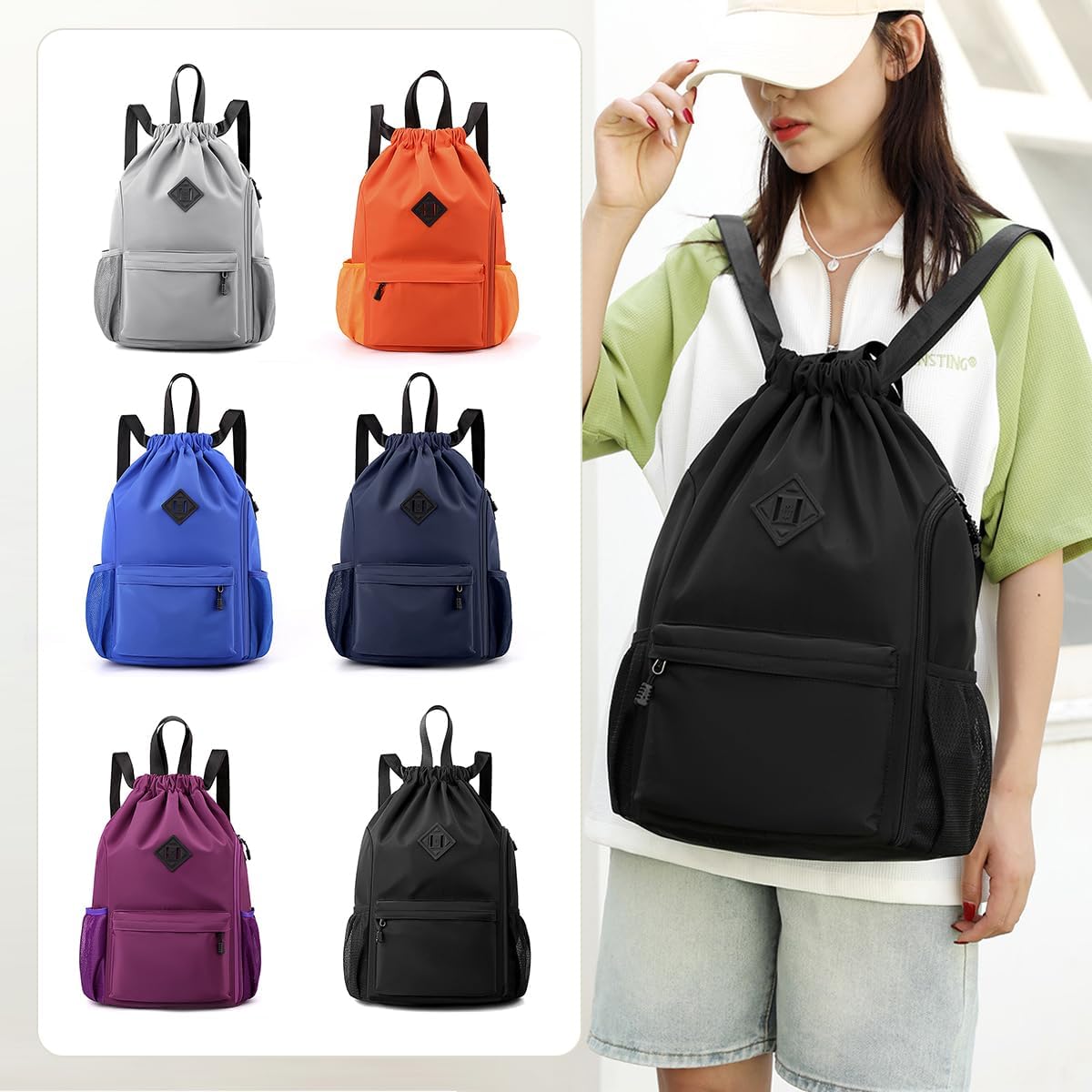 Valleycomfy Waterproof Drawstring Gym Backpack Bag for Men & Women,Sports Gym Bag with Side Pocket