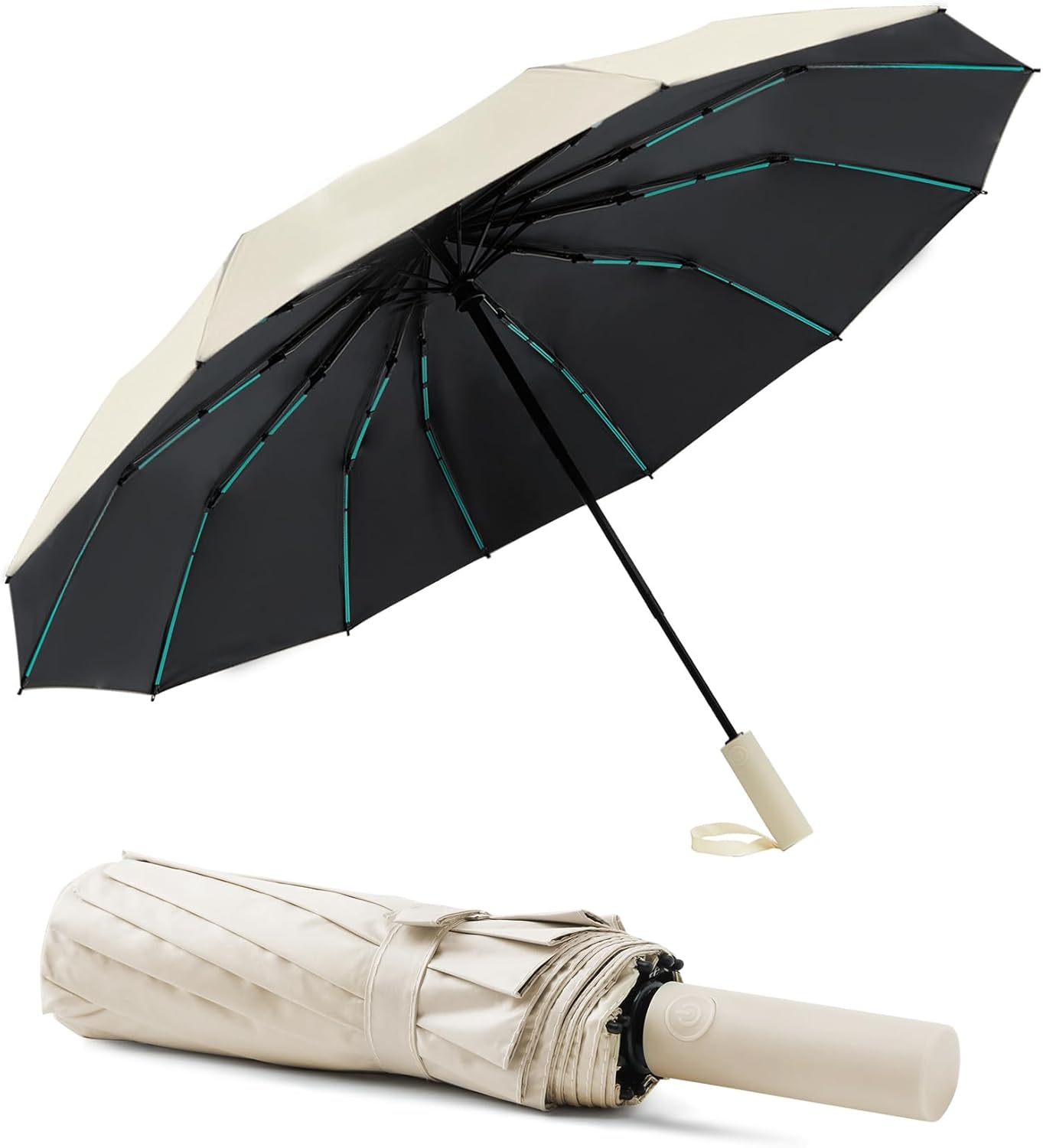 Large Double-Ribs Umbrella Automatic Folding Umbrella for Women Men, Travel, UPF 50+ UV Protection,46-Inch, 12 Ribs, Light Green