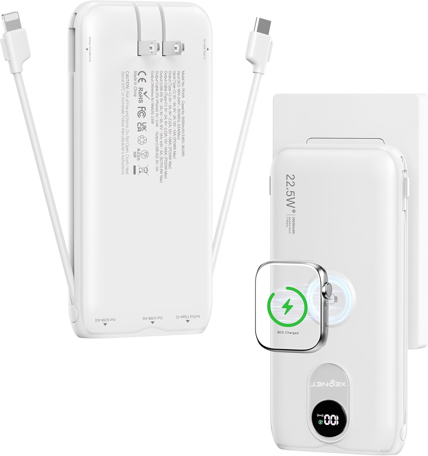 Portable Charger, 10000mAh 22.5W Fast Charging Power Bank with Built in Cable & Wall Plug, Travel Essential Battery Pack with LED Display, External Charger for iPhone, iWatch 11/10/9/8/Ultra/SE White