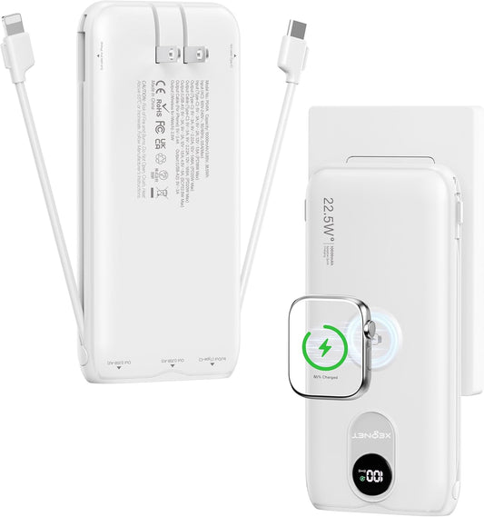 Portable Charger, 10000mAh 22.5W Fast Charging Power Bank with Built in Cable & Wall Plug, Travel Essential Battery Pack with LED Display, External Charger for iPhone, iWatch 11/10/9/8/Ultra/SE White