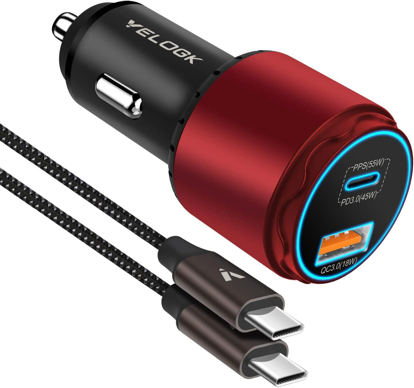 VELOGK Super Fast Type C Car Charger [73W Turbo], Fast Adaptive 55W 45W PPS/PD&QC3.0 USB C Car Adapter[Super Fast Charging 2.0] for Samsung S25 Ultra/S24 Ultra/S23 Ultra/S22+/S21/S20, iPad Pro(Red)