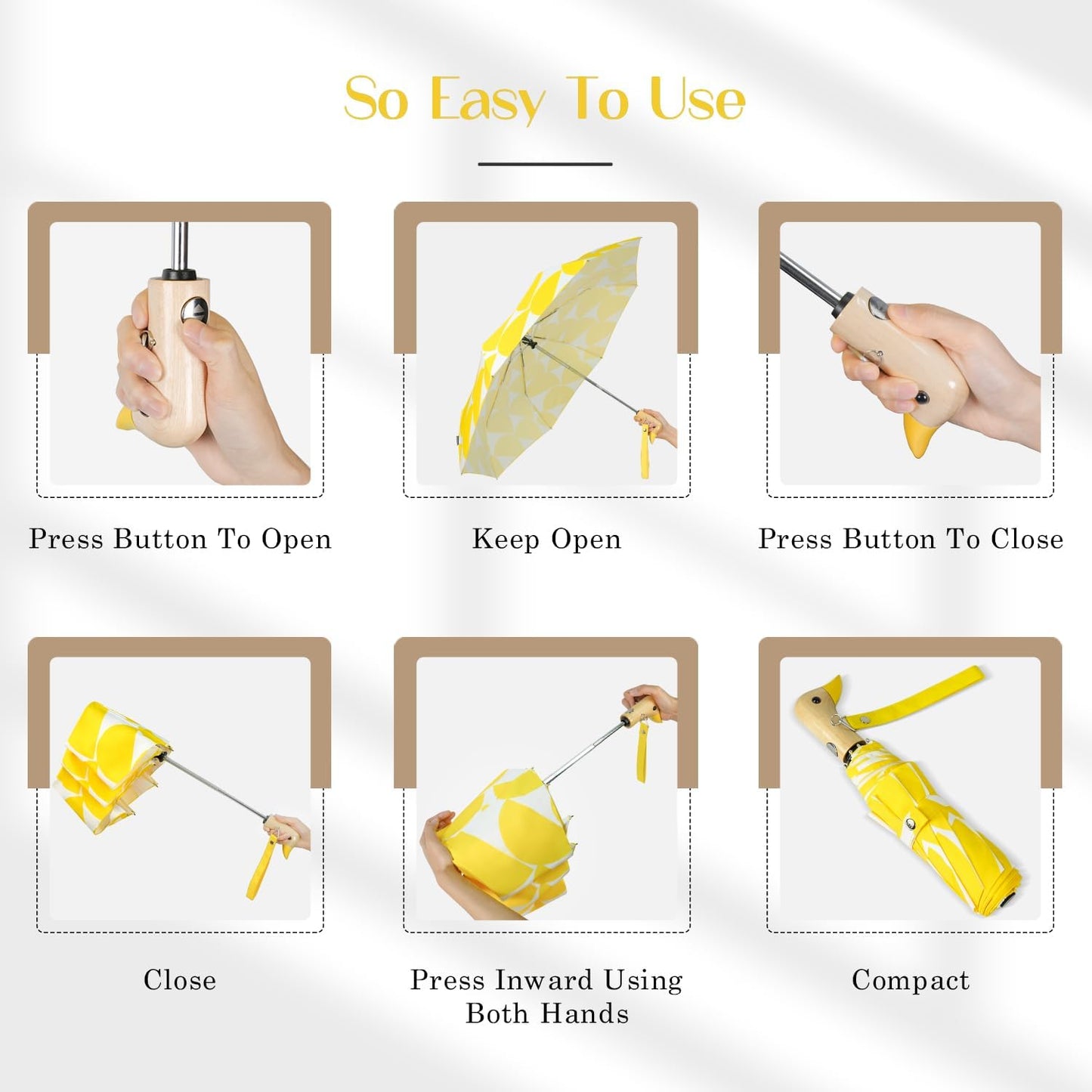 Cute Duck Umbrella Automatic - Compact Pretty Pocket Size Strong Duck Collapsible Umbrella Yellow Wooden Handle for Women