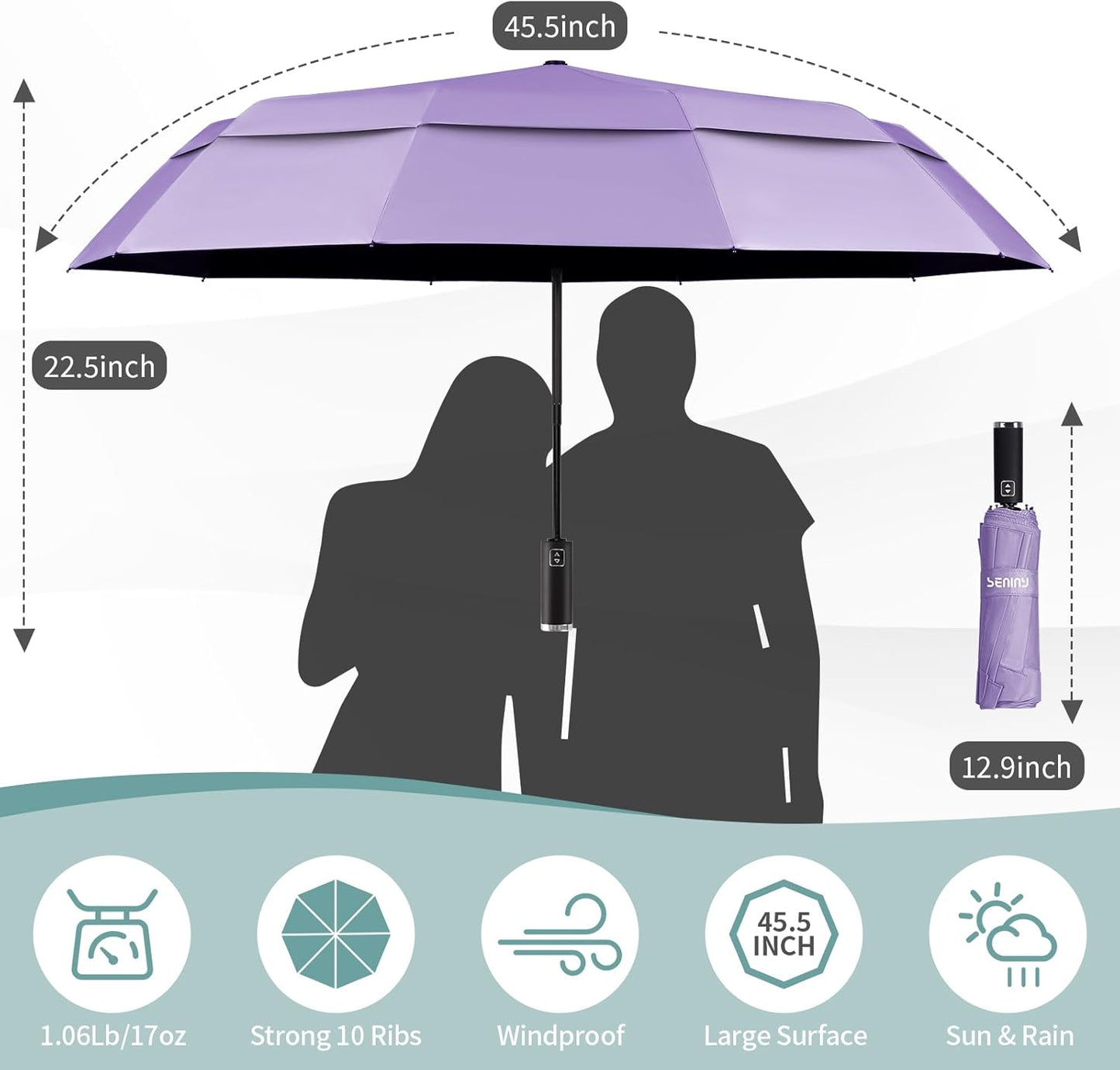 Seniny Travel Umbrella with Carabiner Handle, Windproof Large Umbrellas for Rain with Dual-Rib Structure, Portable Compact Umbrella with Reflective Strip, Car Backpack UV Umbrellas for Sun Protection