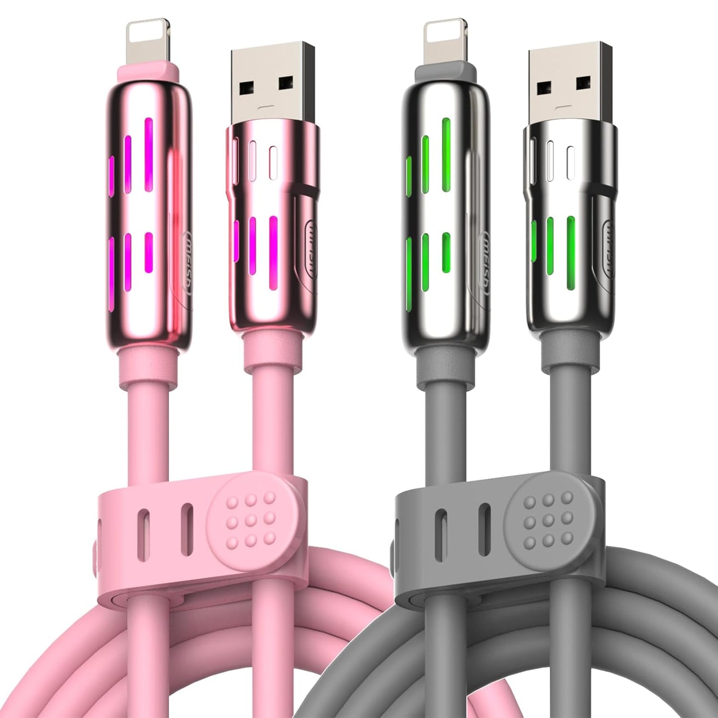MFish 240W 4-in-1 Universal USB Charging Cable [2 Pack, 6.6ft] – Fast Charger Cord with USB-A, Dual USB-C & Lighting, for iPhone 14/15/16/17 Series, iPad & MacBook & More (2PACK, Pink+Grey, 6.6Ft)