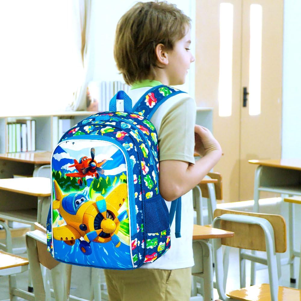 3PCS Boys Airplane Backpack, Water Resistant Kids Backpack Set with Lunch Box, Cute School Bag for Preschool Toddler
