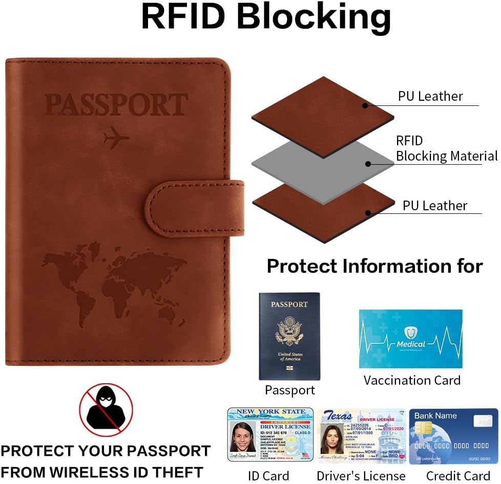 Passport Holder for Travel, Passport Cover Wallet, Premium PU Leather Passport Book Card Holder Case for Women Men, Waterproof RFID Blocking Flying Travelling Essentials Vacation Must Haves, Brown