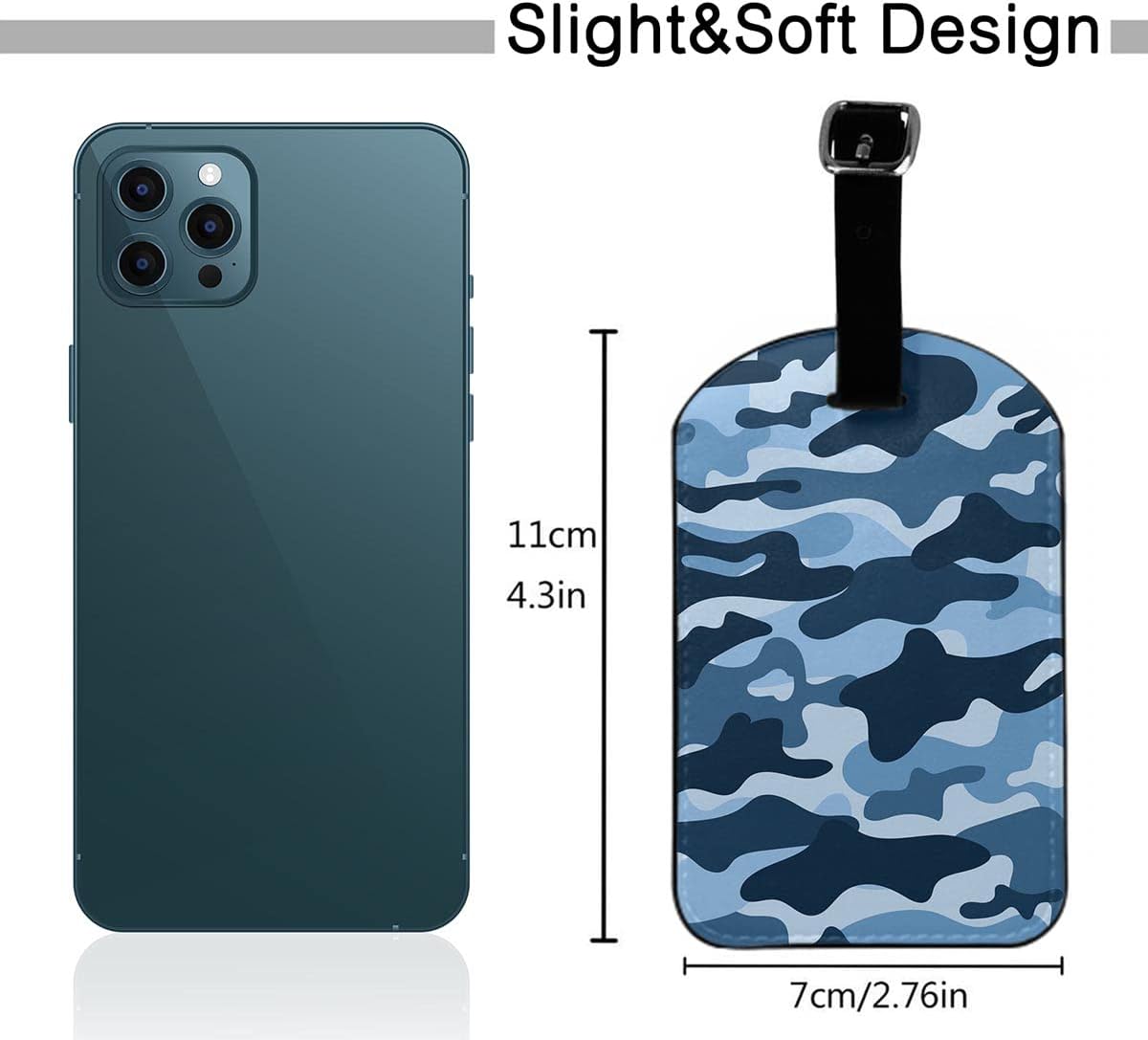 Blue Camouflage Leather Suitcase Tags Identifiers Retro Ocean Design Camo Pattern Navy Blue Leather Luggage Bag Case Tags with Name ID Card for Travel Bags Schoolbag Handbag Lunchbox, 1 Pack
