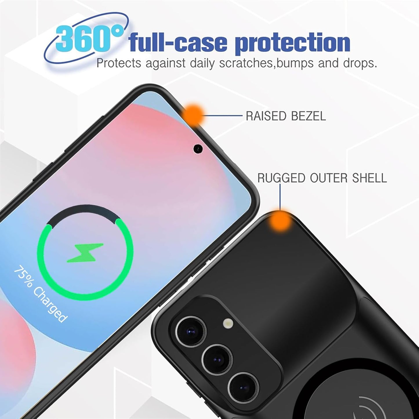Battery Case for Galaxy S25, 10000mAh High Capacity Portable Charger Case Rechargeable Smart Battery Pack Compatible with Galaxy S25 6.2 inch Charging Case Support Wireless & Carplay-Black