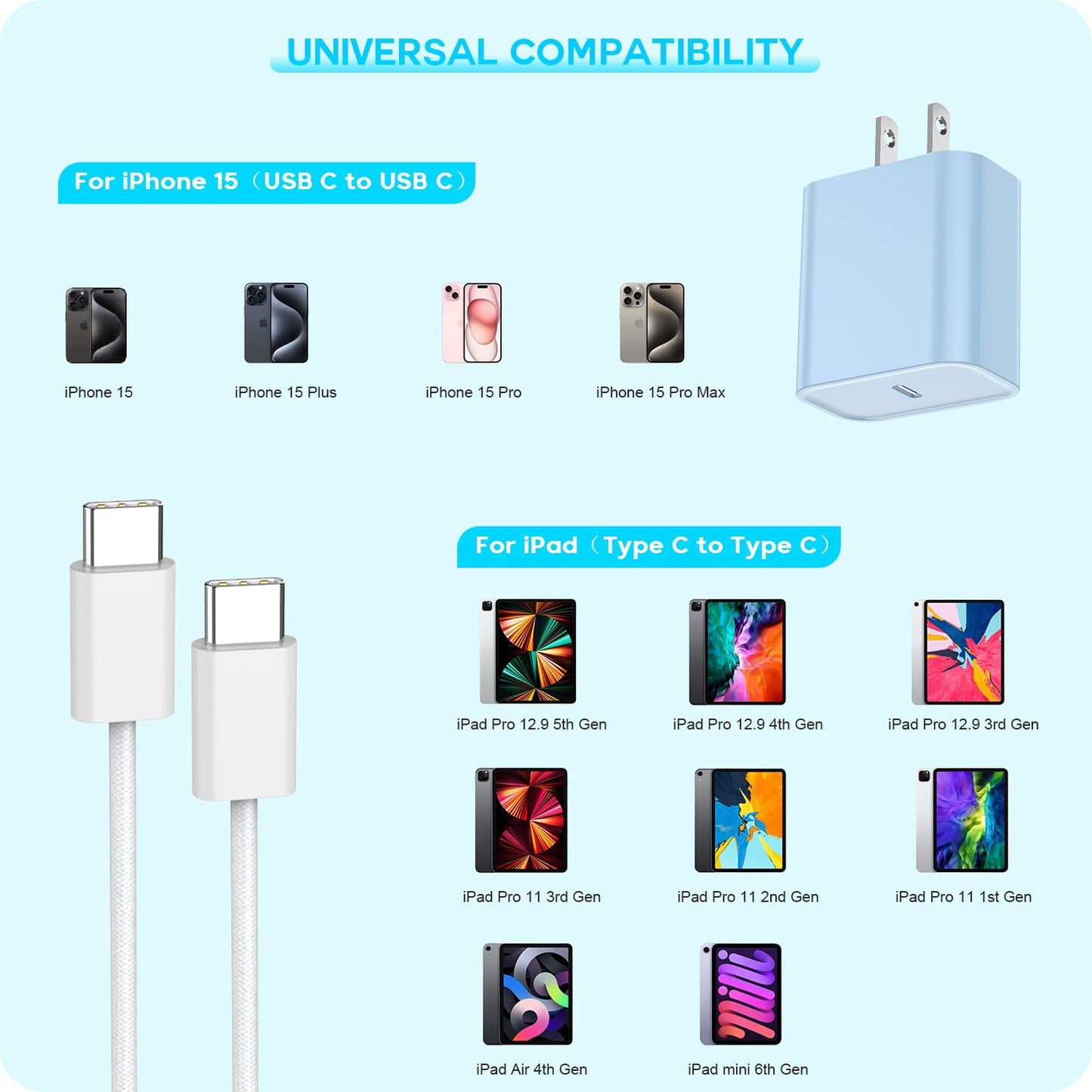 [3Pack]20W USB C Fast Charger iPhone 17 16 Fast Charging, Apple 17 Charger Block 6ft C to C Long Charging Cable Cord for iPhone 17/16e/16 Pro/16 Pro Max/iPhone 15 Series/iPadAir/Mini(Pink+Blue+Purple)