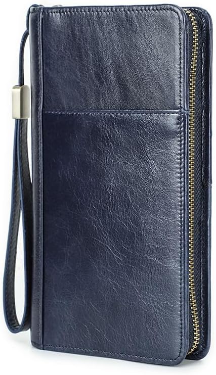 Unisex Genuine Leather Wallet Large Capacity RFID Blocking Passport Holder with Multiple Card Slots (Blue)