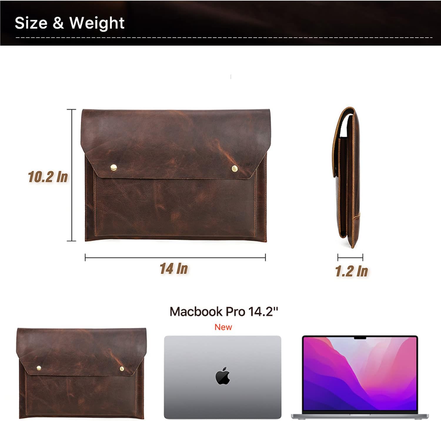 Top Grain Leather 14.2" Laptop Sleeve Bag, Magnet Snap Button Design & 3 Pockets, Compatible with