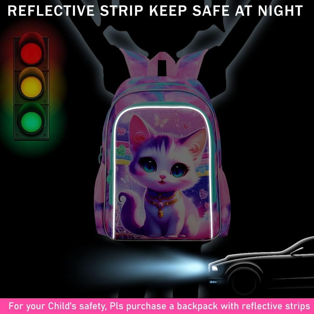 3PCS Girls Cat Backpack, Water Resistant Kids Bookbag Set with Lunch Box, Cute School Bag for