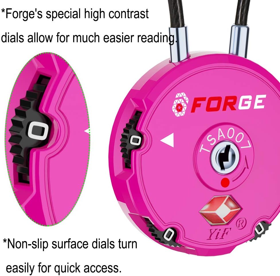 Forge Quality TSA Approved Luggage Locks for Travel Accessories, Suitcase, Pelican case, Set Your own Combination, Zinc Alloy Body-Cable Locks Pink 2 Locks