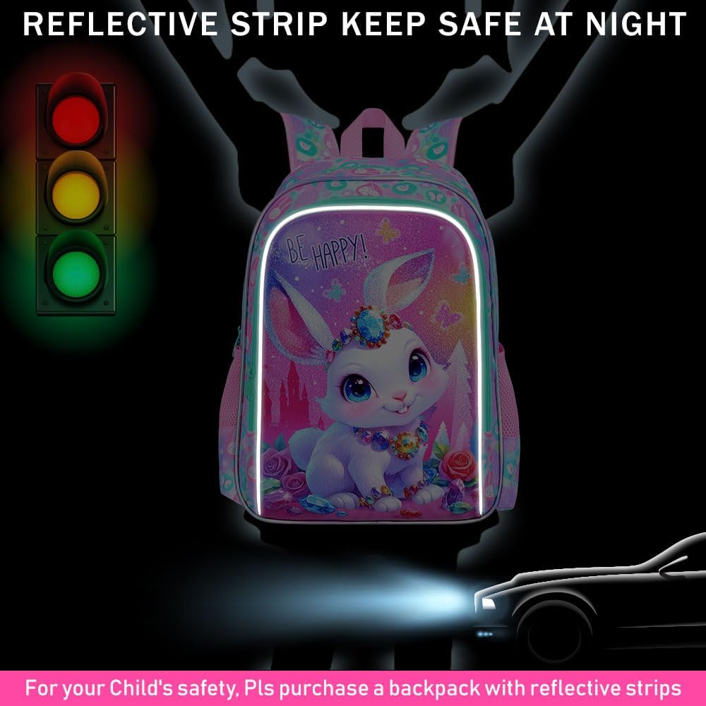 3Pcs Bunny Backpack for Girls, 16" Kids Bookbag for Elementary Preschool Kindergarten, School Backpacks with Lunch Box(Pink)