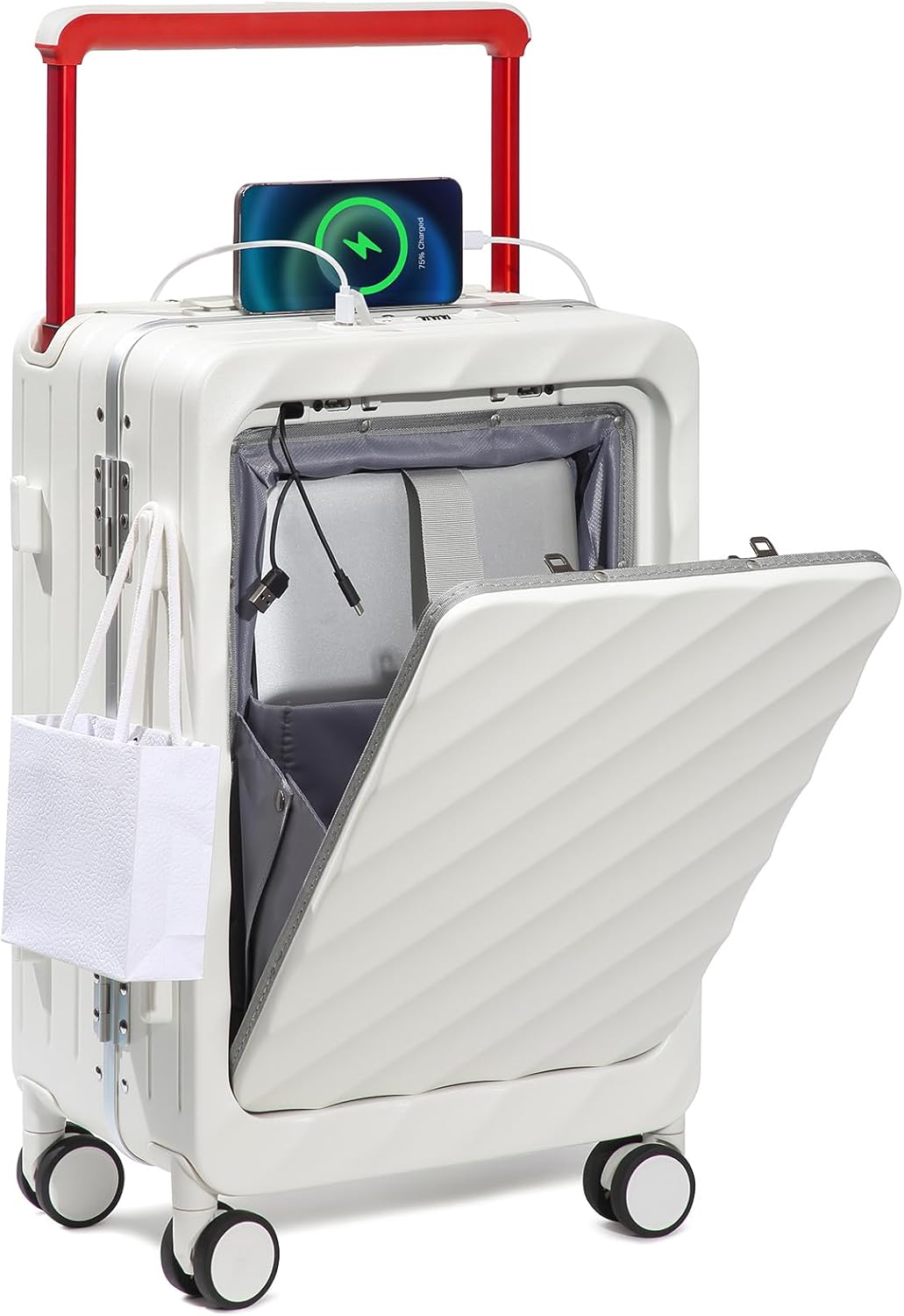 Somago Carry On Luggage Wide Handle 20 Inch Suitcase with Front Compartment Aluminum Framed PC Hardside 22x14x9 No Zipper Business Baggage with Spinner Wheels USB Charging Port TSA Lock (White)