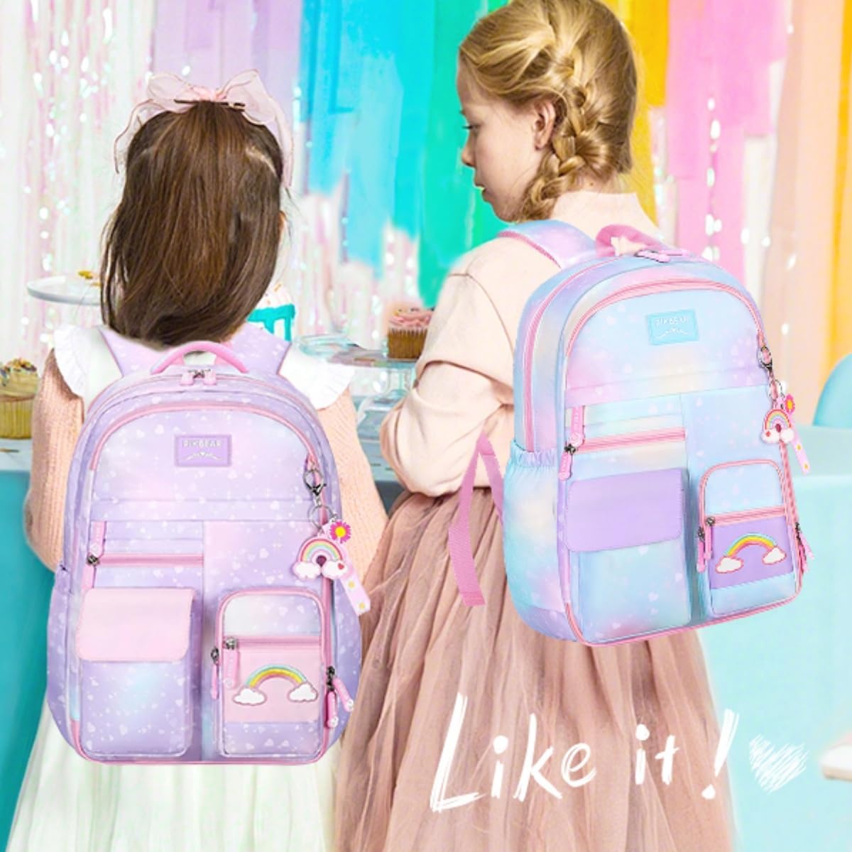 Girls Backpack,Rainbow Backpack for Girls-Kawaii Pink School Bookbag, Lightweight Large Capacity Kids Backpack for Travel & Daily Use