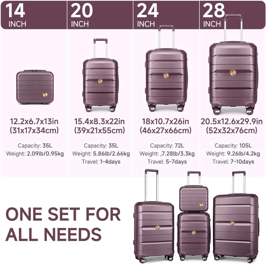 Somago Luggage Sets and Packing Cube Travel Set Lightweight Hardside Polypropylene Suitcases with Double Spinner Wheels and TSA Lock,Elegant Purple
