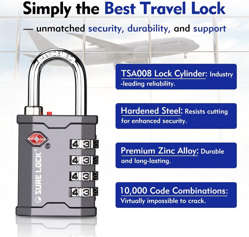 SURE LOCK TSA Accepted 4 Dig Heavy Duty Big Combination Luggage Padlock All Metal Travel Lock for Equipment Hard Case Luggage Gun Case Gym Locker Pelican Vault Lock (2, Grey)