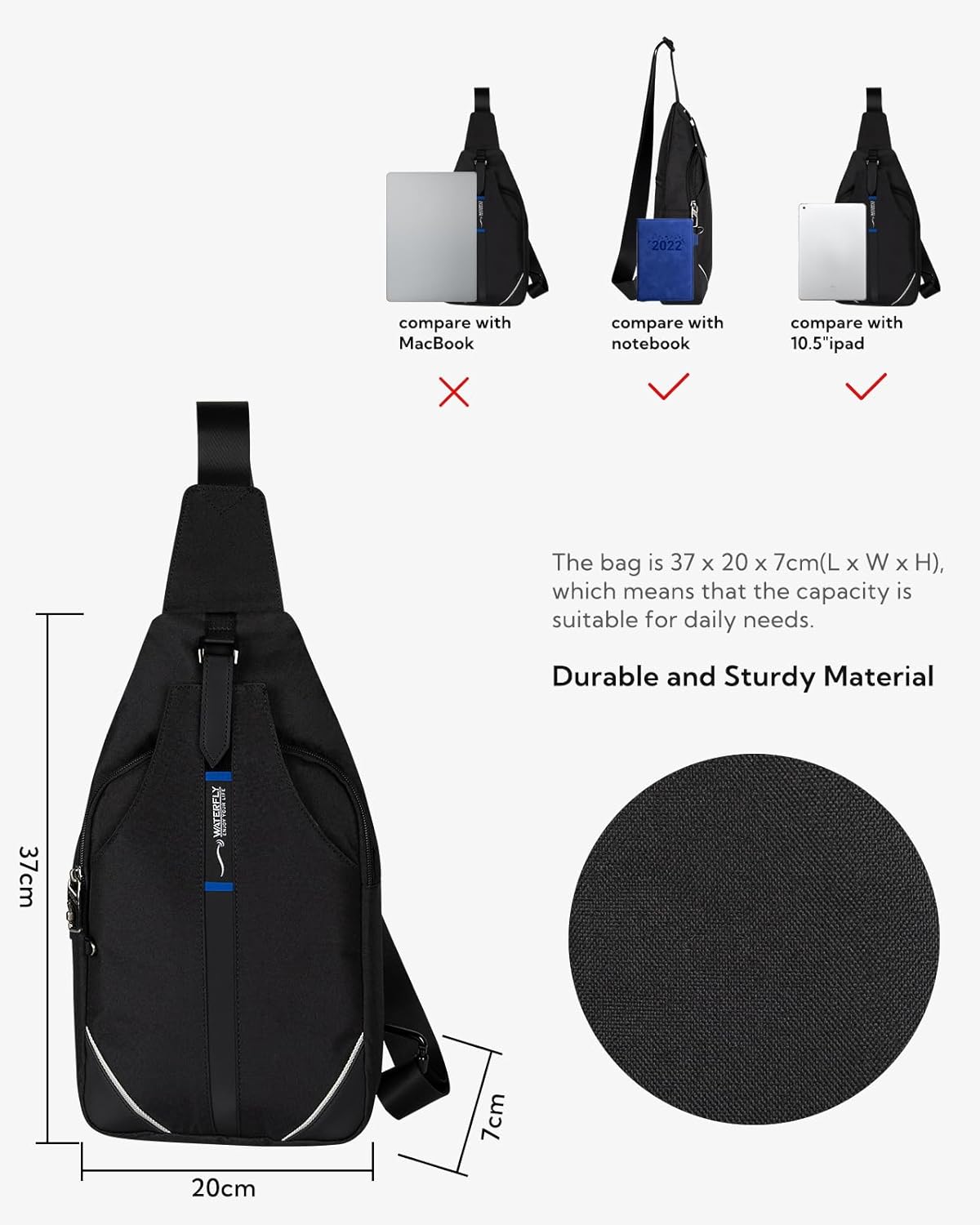 WATERFLY Medium Crossbody Sling Backpack Anti Theft Backpack for Traveling Chest Shoulder Bag
