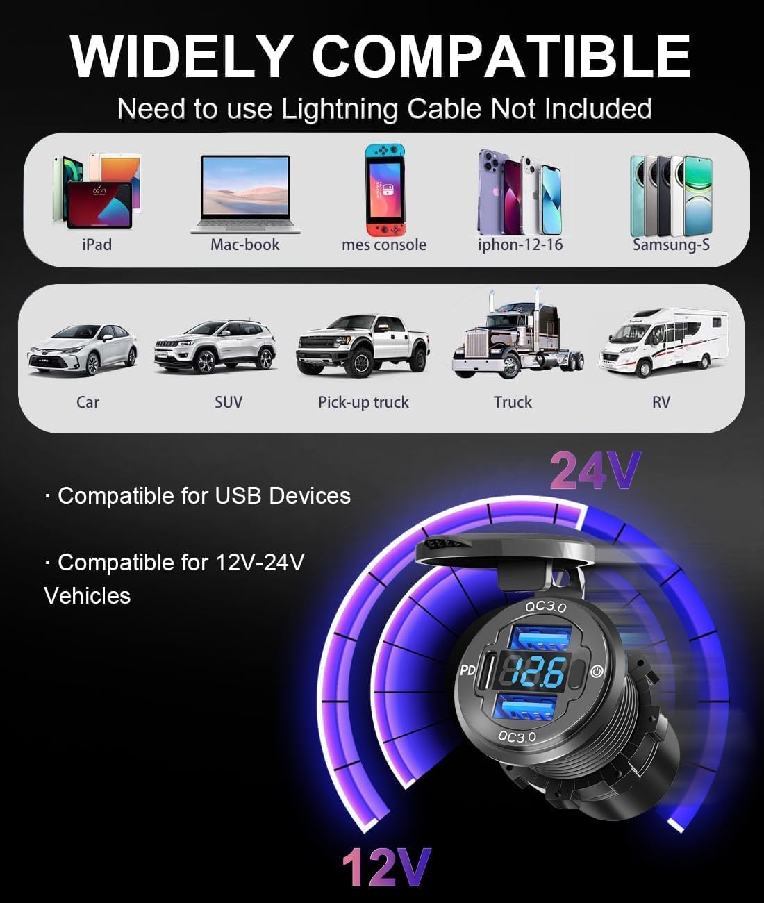 2PCS 78W 3Ports 12V USB Outlet with Voltmeter & Switch - PD3.0 & Dual QC3.0 Quick Charge Car Charger Socket, Aluminum Waterproof USB C Port for Boat Marine Motorcycle RV Truck ATV Golf Cart