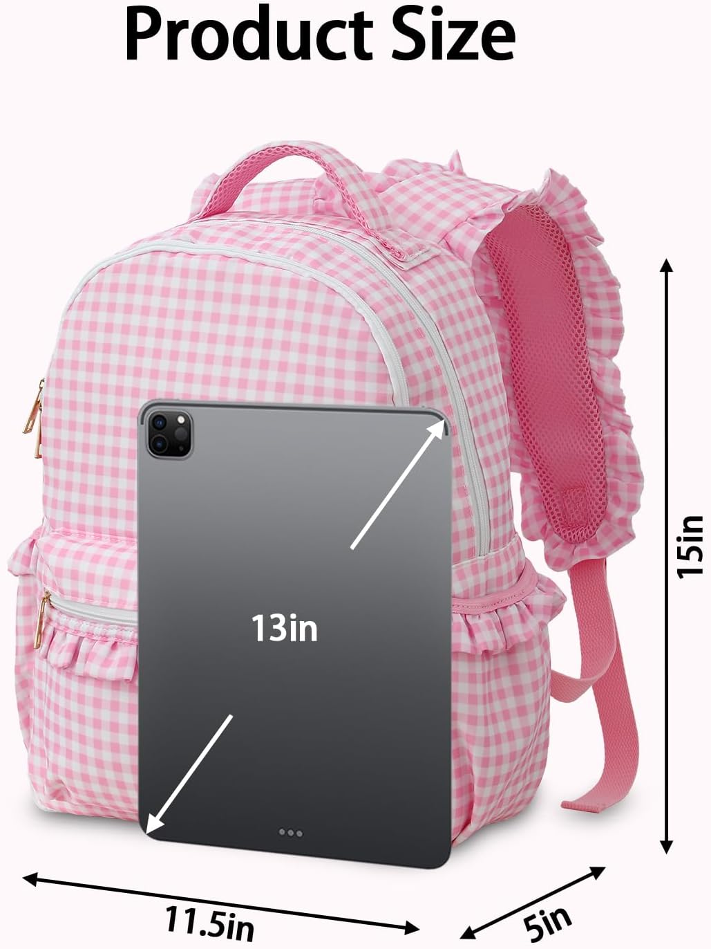 DYSHAYEN Kids Backpack for Girls, 15" Ruffled Backpack for School Kindergarten Bookbag 5-8, Fully Opened Compartment (Pink Gingham)
