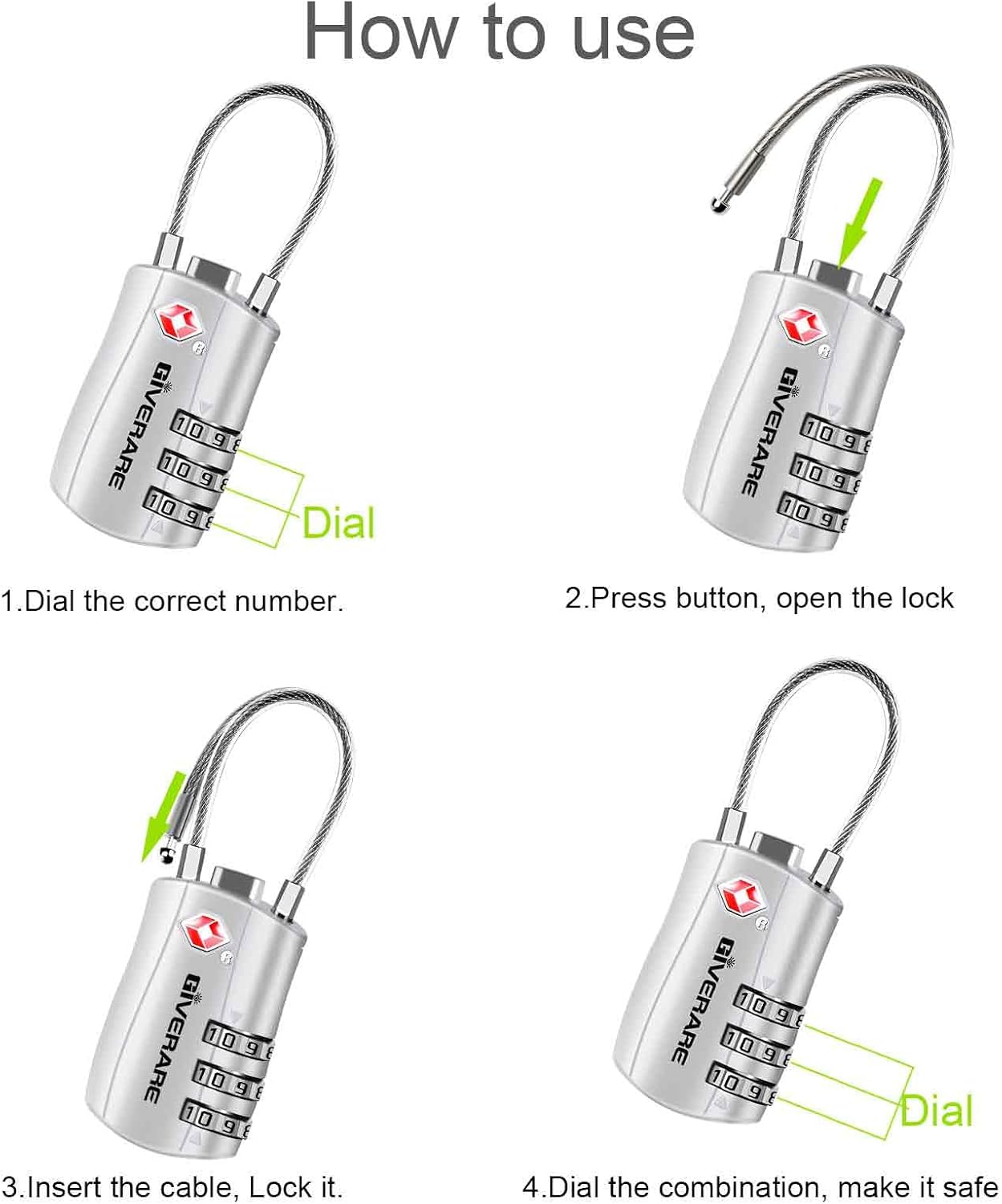 GIVERARE 2 Pack TSA Approved Luggage Locks, Combination Travel Cable Lock, Re-settable 3-Digit Padlocks with Alloy Body, Keyless TSA Padlock for Gym Locker, Golf Bag Case-Silver
