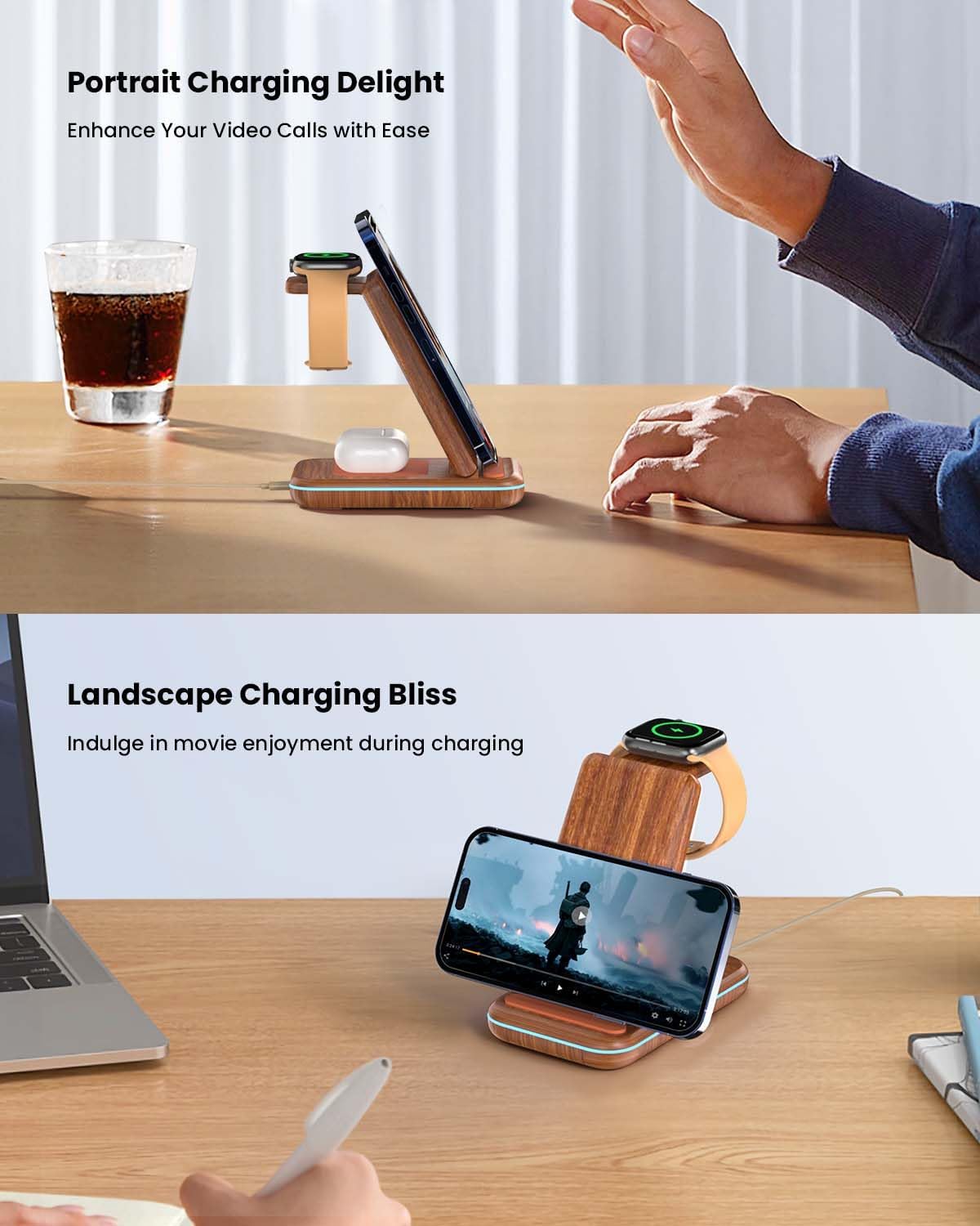 Wireless Charging Station: GEEKERA 3 in 1 Foldable Wireless Charger Stand for iPhone 17/16/15/14 13 12 11 Pro Max/X/8, Charging Station for Apple Watch Ultra/SE/11/10/9/8/7/6/5/4, AirPods 4/3/2/Pro