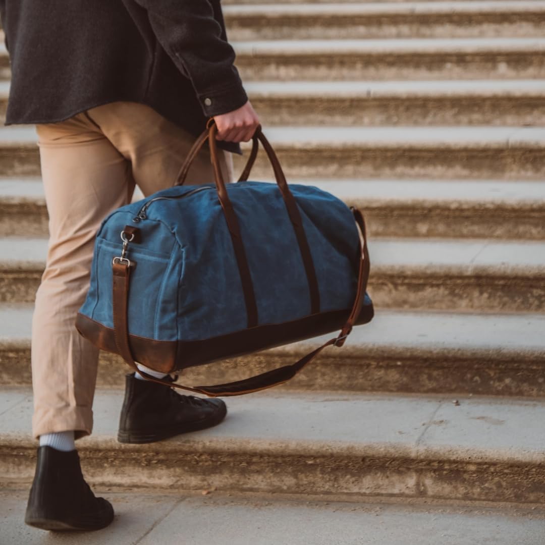 Waxed Canvas Weekender Duffle Bag, Vintage Style Travel Bag with Leather Trim, Army Green (Blue)