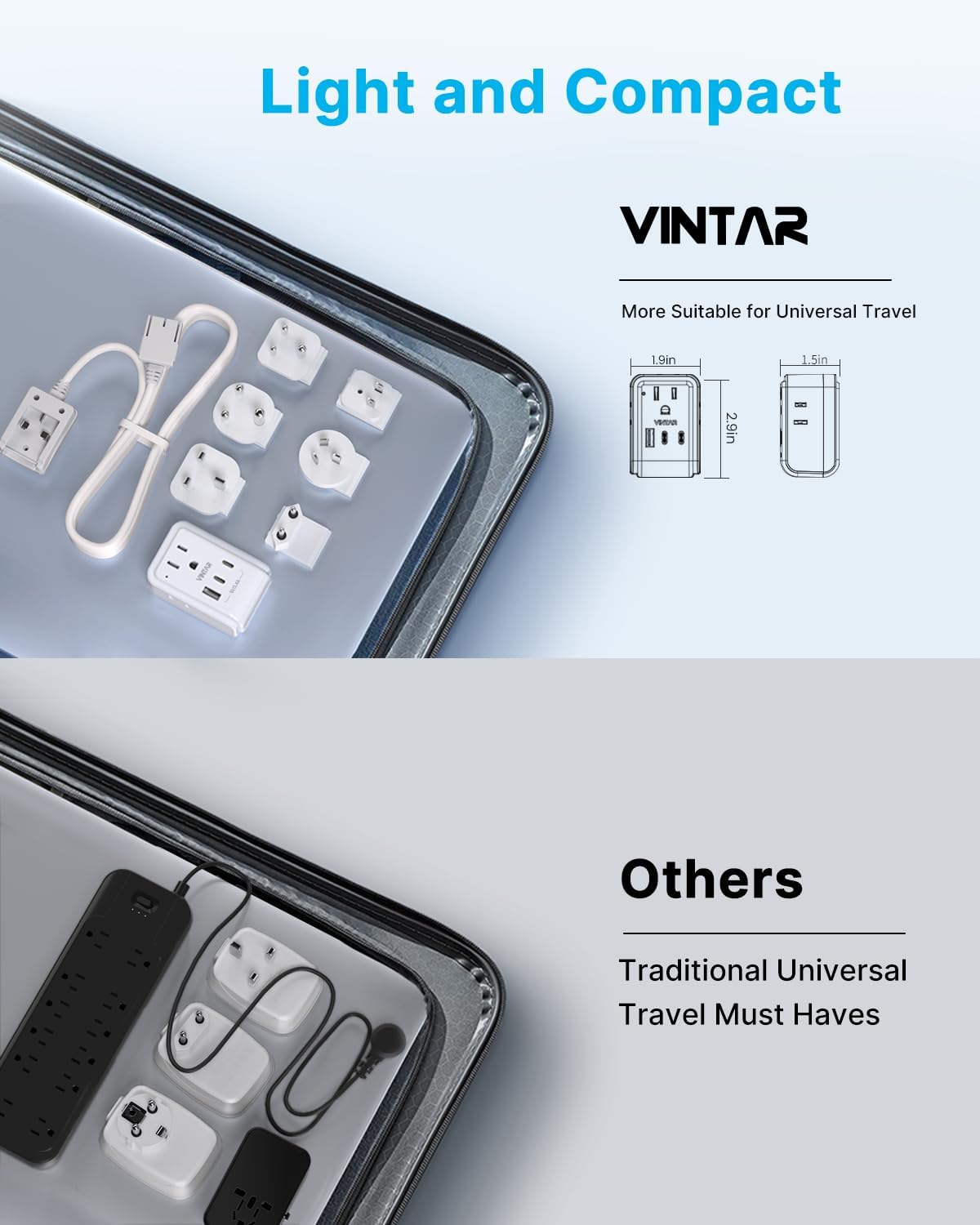 VINTAR Universal Travel Adapter Kit, 3ft Detachable Extension Cord with 4 AC Outlets & 3 USB(2 USB
