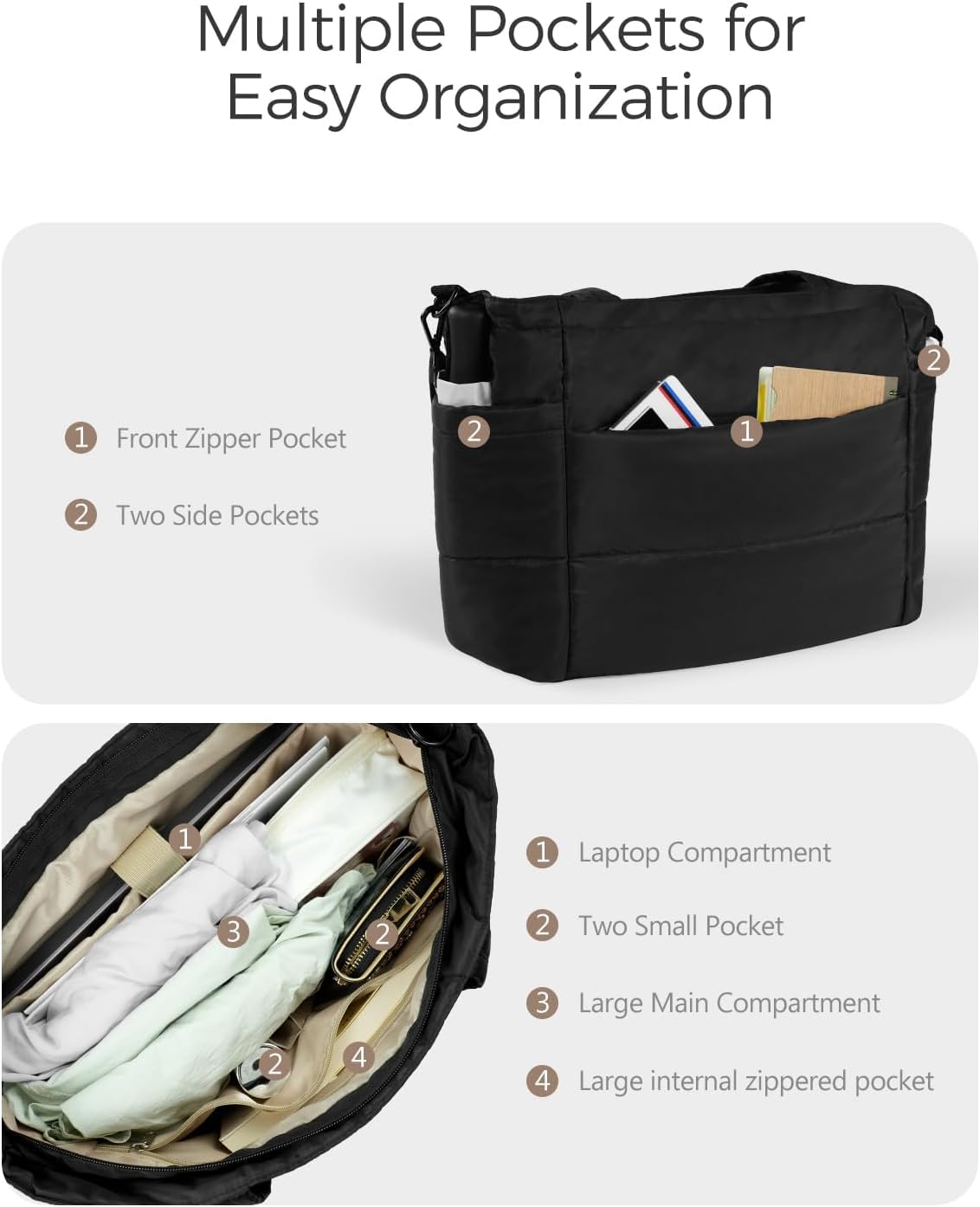 Puffer Tote Bag for Women, Lightweight Quilted Work Purse with Phone Pocket Fits 15.6" Laptop for Nurse Teacher Travel