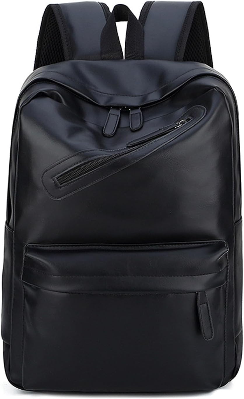 Mens Leather 16.1 inch Laptop Bag Travel Casual Computer Backpack College Business Work Shoulder Bags Waterproof (Black)