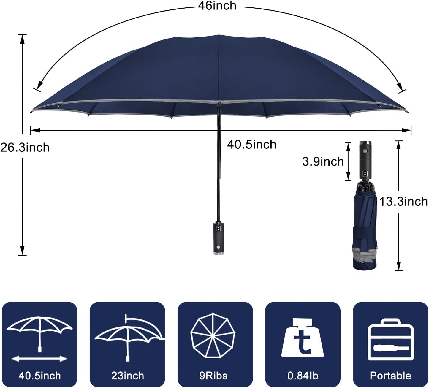 Lejorain Compact Inverted Reflective Umbrella - Automatic Folding Reverse LED Umbrella Travel Windproof Umbrellas for Rain