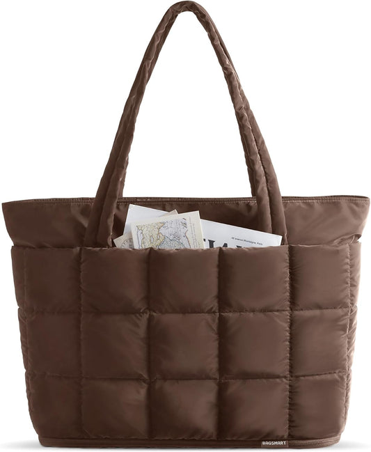 BAGSMART Expandable Tote Bag for Women, Puffer Work Tote Handbag, Quilted Carry-On Travel Gym Bag