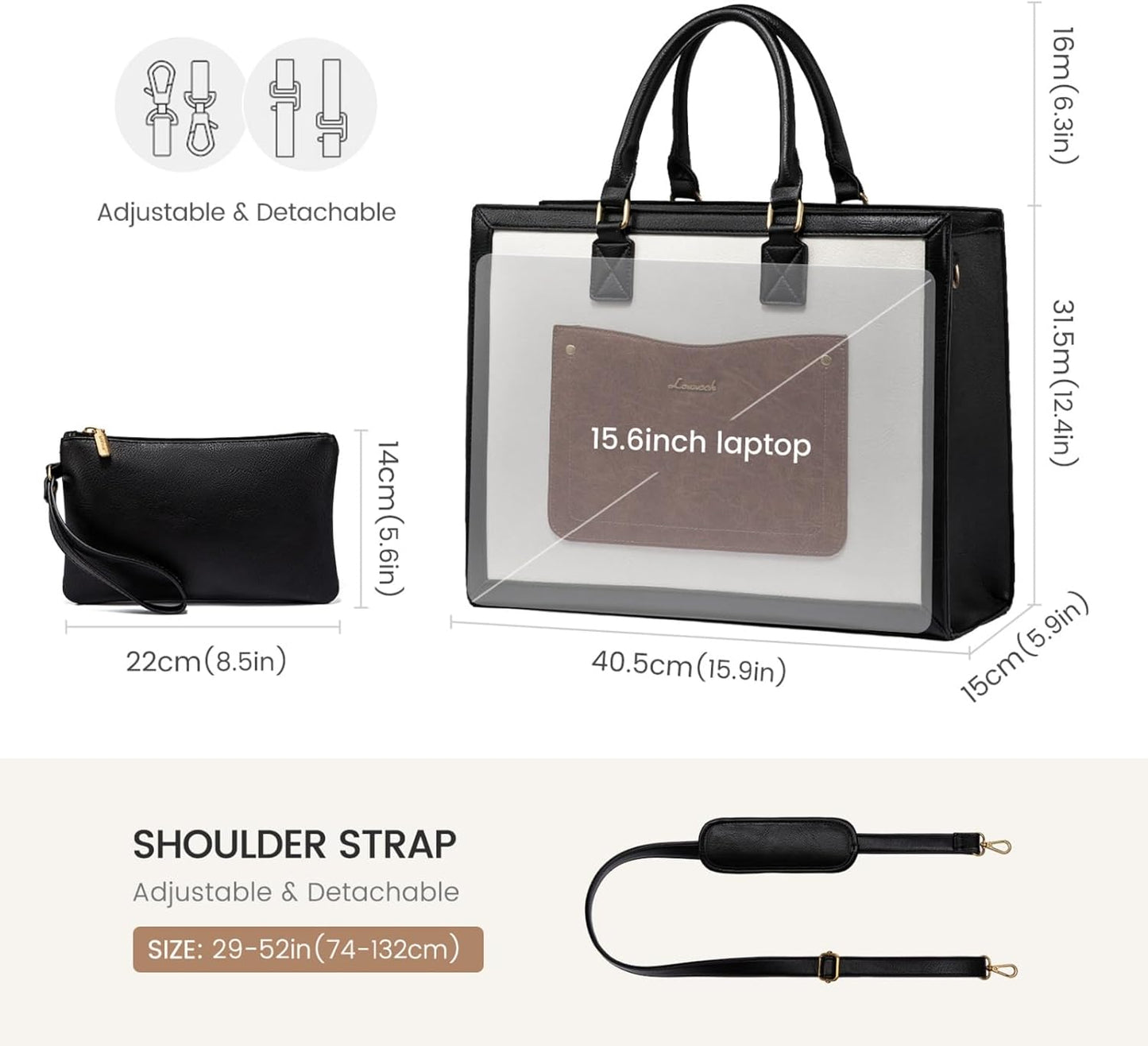 LOVEVOOK Laptop Tote Bag for Women, 15.6 Inch Work Bags, Vintage Leather Tote Bag, Waterproof Computer Bags with Clutch Purse, Large Capacity Messenger Bag for Teacher College Business Office
