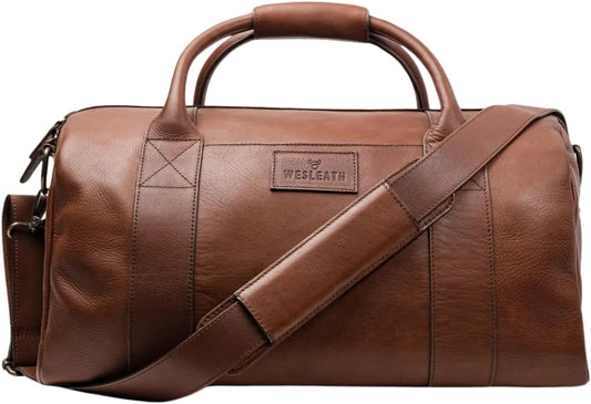 Full Grain Leather Duffle Bag – 25L Travel, Gym & Carry-On Weekender for Men | Handcrafted Overnight Bag with Brass Hardware, Bourbon Style